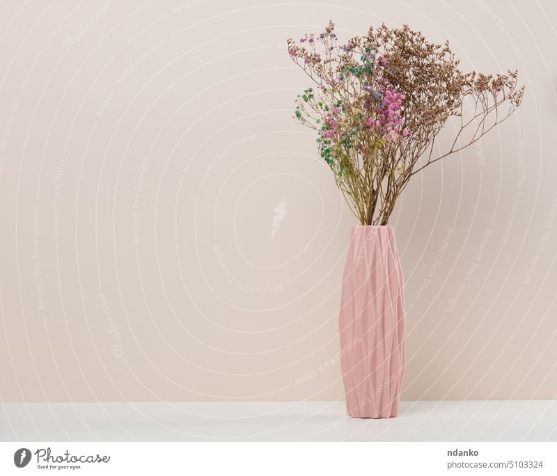 Pink ceramic vase with dry flowers on a white table home indoor minimal minimalism nature no people pink plant simple simplicity stem twig studio nobody