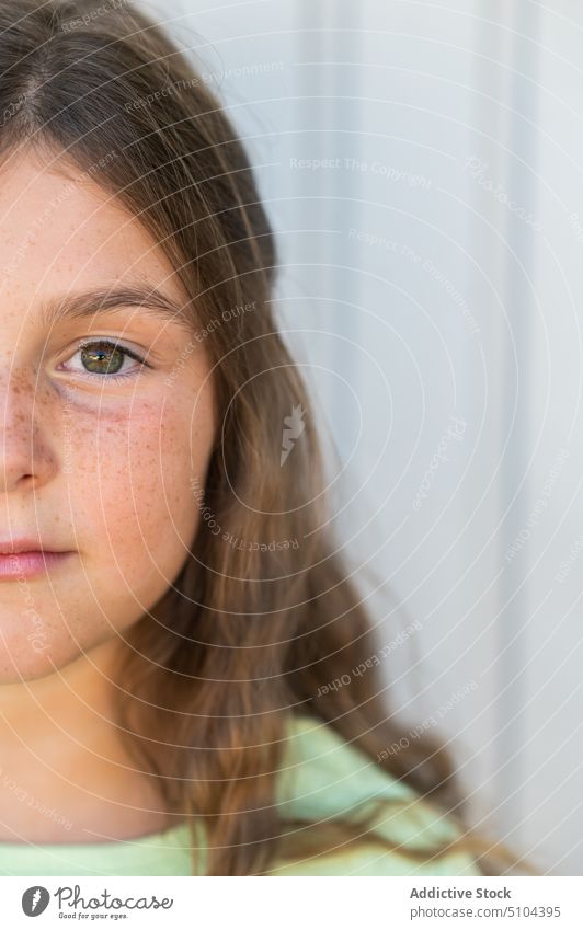 Crop face of girl with freckles kid child personality appearance half human face individuality portrait preteen childhood charming peaceful complexion head