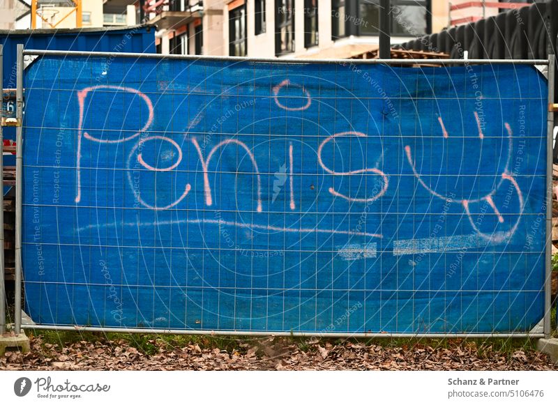 Construction fence in front of construction site with blue privacy screen sprayed with the word penis and grinning face prank urban Graffiti Vandalism