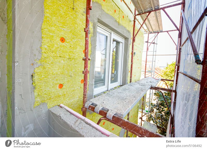 View at thermal wall of residential building, insulation material, rock wool Adhesive Affix Applying Architecture Assembled Brick Build Building Site Built In
