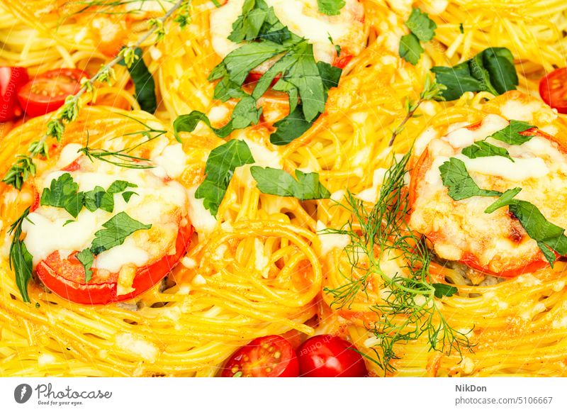 Spaghetti baked with meatballs spaghetti pasta macaroni nest meal cheese noodle tasty food dinner dish close up macro italian party traditional tomato delicious