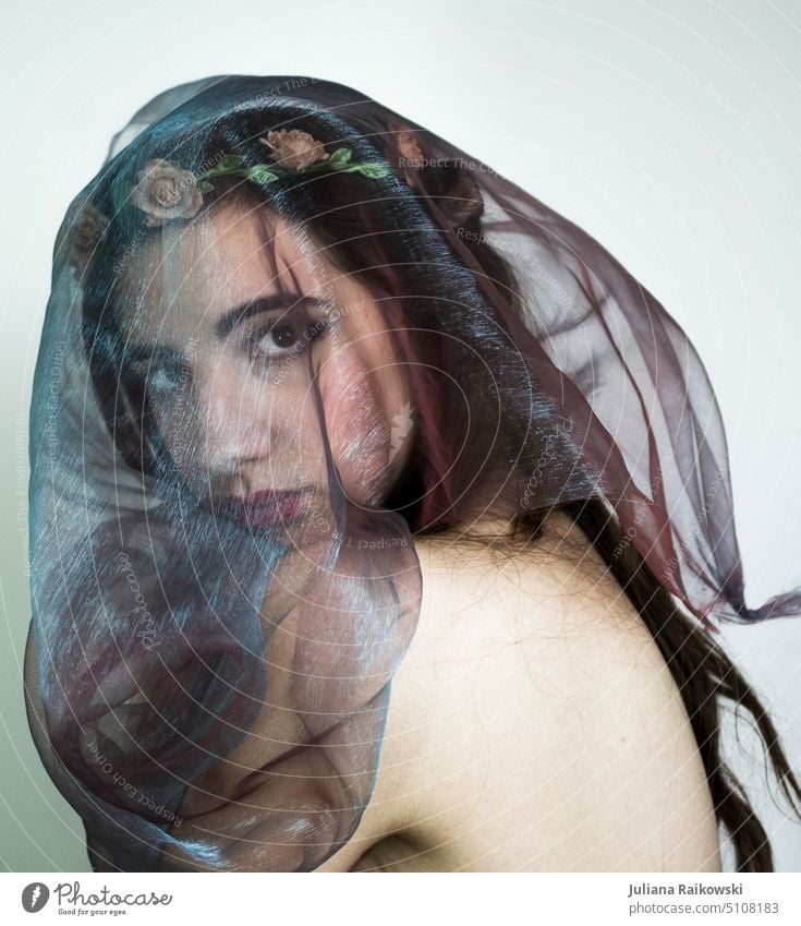 young woman under a veil portrait pretty Model flowers Girl Woman Upper body Forward Hip & trendy Lifestyle Looking Authentic Long-haired Colour photo