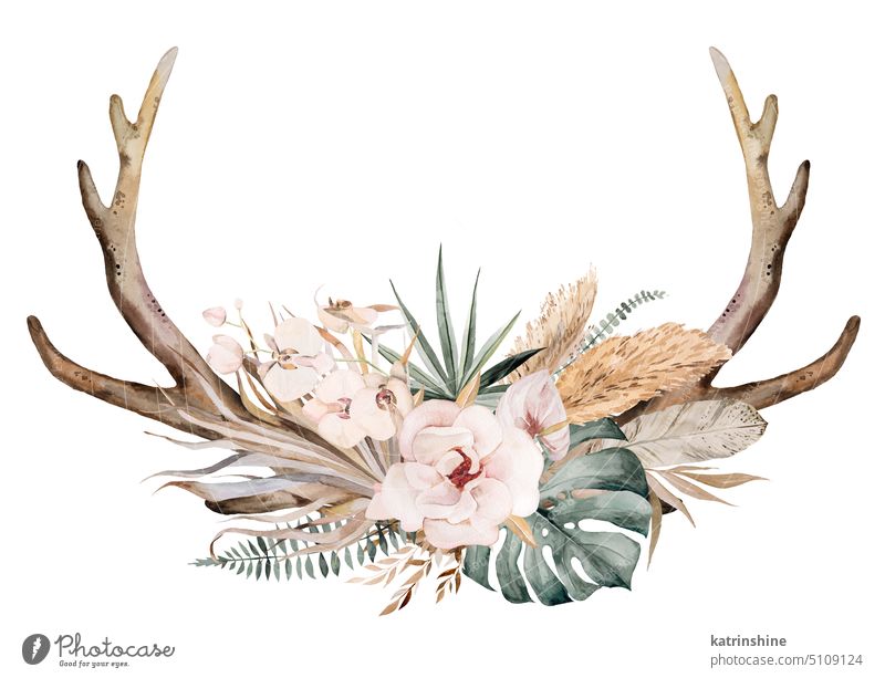 Watercolor deer antlers with with tropical leaves and flowers bouquet, Boho Wedding illustration Botanical Decoration Exotic Foliage Hand drawn Isolated