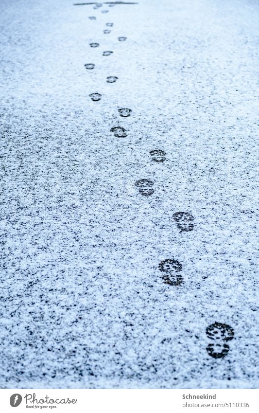 Footprints in the snow Snow footprint Tracks trace Winter Footwear Shoe sole Lanes & trails path children Feet on the ground Footpath wise Bright Cold