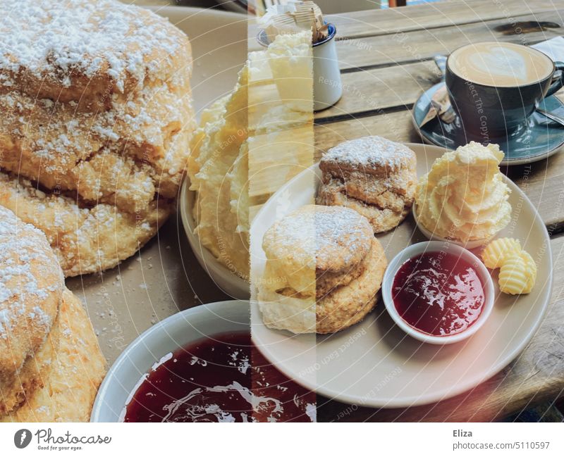 Scones with clotted cream, jam and cappuccino in café scones Cappuccino Café Jam Coffee Artistic experimental Analog Coffee cup Table biscuits coffee and cake