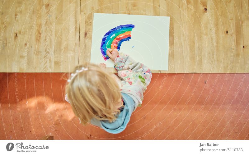 She paints the rainbow Child Rainbow Painting (action, artwork) topshot variegated colors Paper