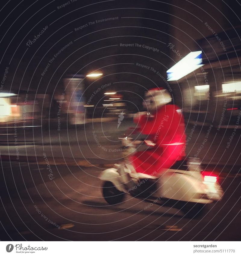 Reindeer are so yesterday. Santa Claus swift moped Modern Innovative Christmas Costume Funny Humor Street Haste expeditious Stress Anticipation Exterior shot