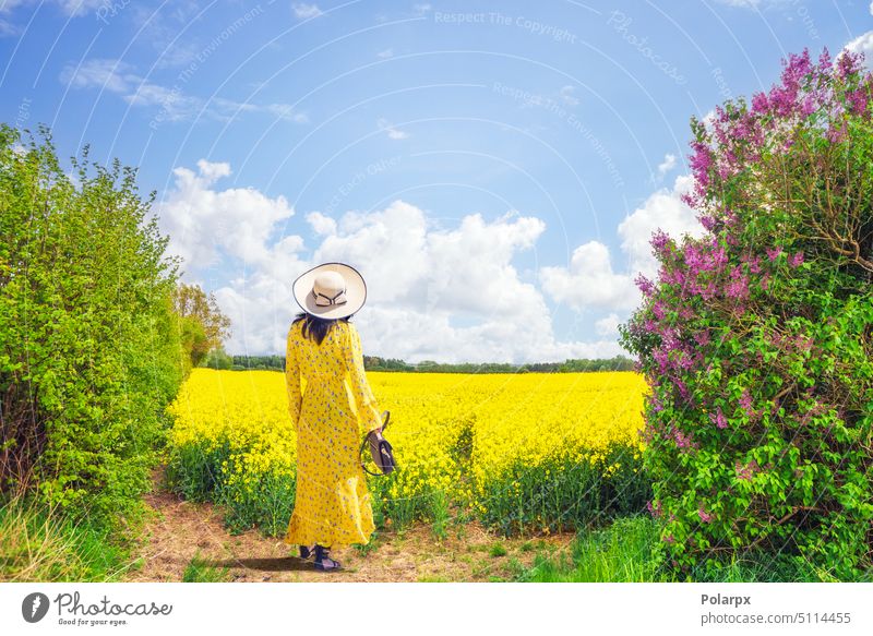 Girl lookign over a rapeseed field sunny season ahead looking back fashion countryside blossom adult meadow green outdoors beauty dress natural person colorful
