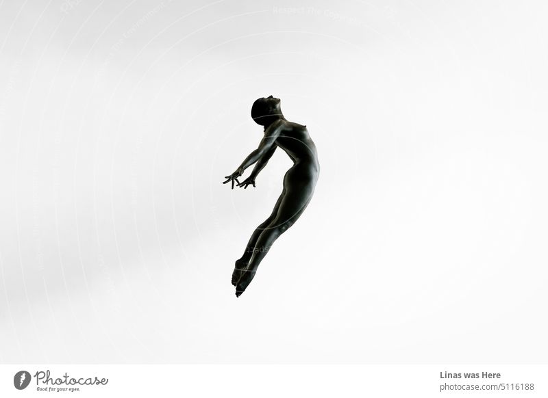 A minimalistic scene at first glance. A white background with a dark silhouette. It’s a gorgeous woman painted all black. Jumping in the air with an expression. Flying like an angel.