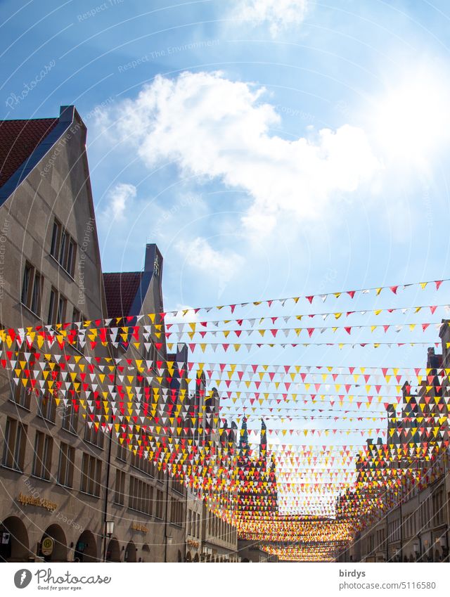 Old town festively decorated with colorful flags Firm festivity Festival Many variegated pennant chain Feasts & Celebrations Decoration muenster Architecture