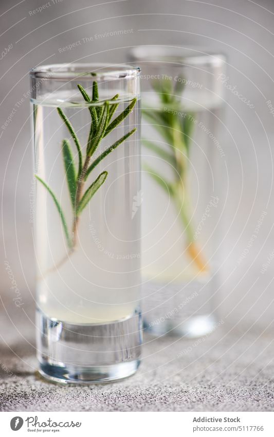 Glassses of rosemary vodka alcohol appetizer background beverage chacha cold concrete drink glass herb mealtime served spirits table white cocktail summer