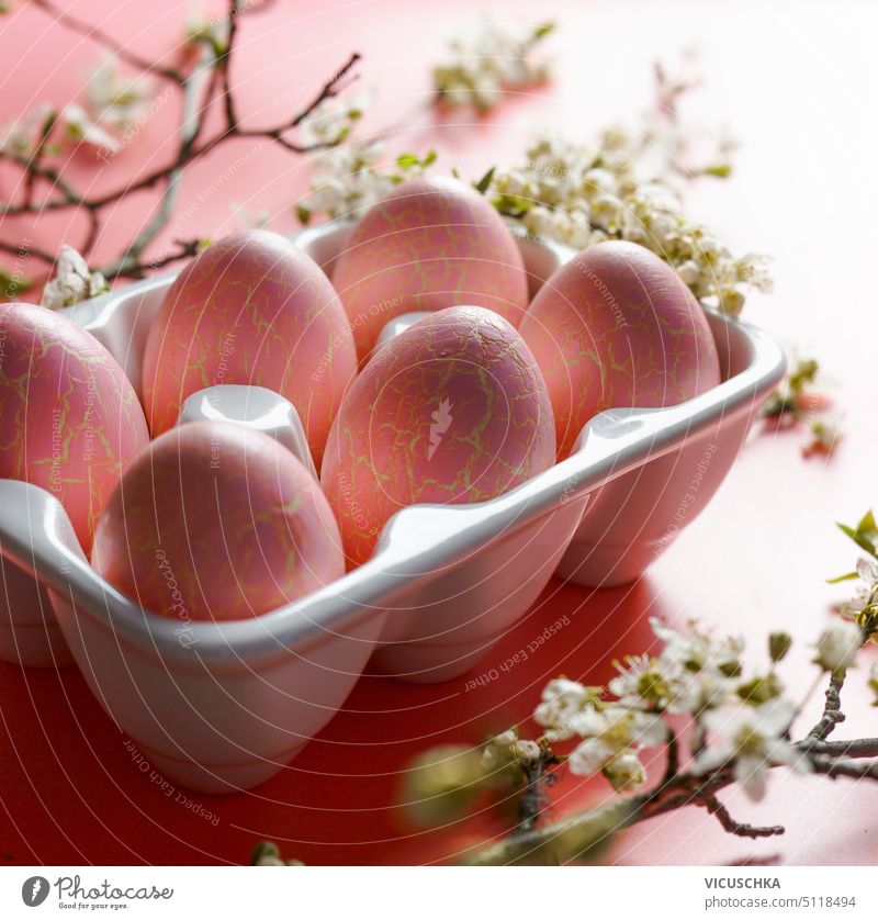 Close up of pink Easter eggs in holder with cherry blossom branches close up easter eggs seasonal holiday springtime traditional background