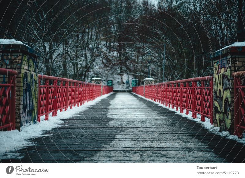 Snowy and icy pedestrian bridge with red railing, perspective, snowy forest Bridge Red off Far-off places Forest iced Perspective Escape Central perspective