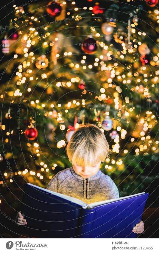 A Christmas story - child reads a book in front of the Christmas tree Child magic christmas magic Reading Cute Anticipation Illuminate Christmas mood Festive