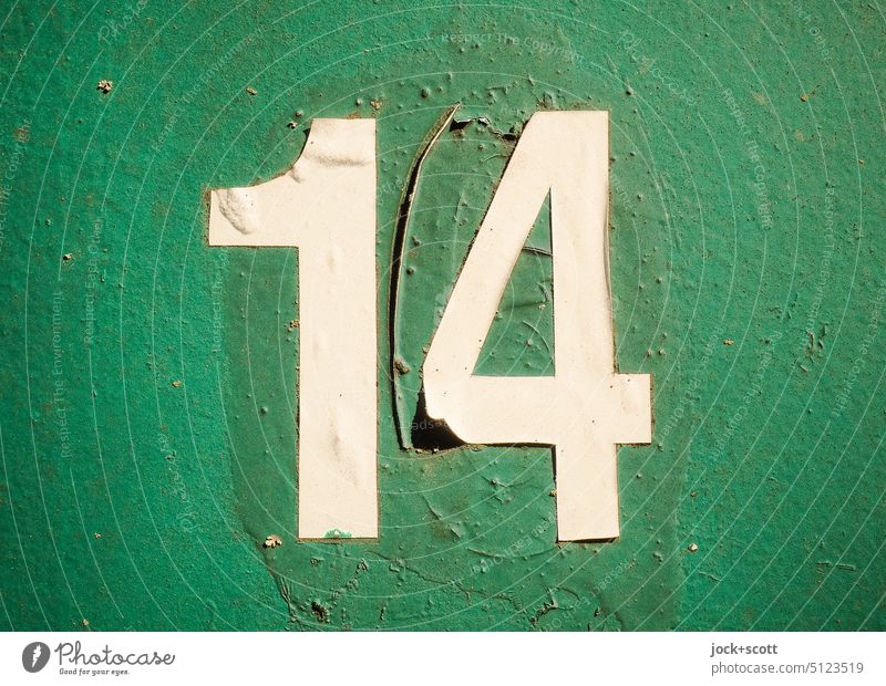 14 + 6 = 164 number Change Surface Green Weathered Typography glued Varnish Signs and labeling Authentic Ravages of time Relay Transience Past Detail