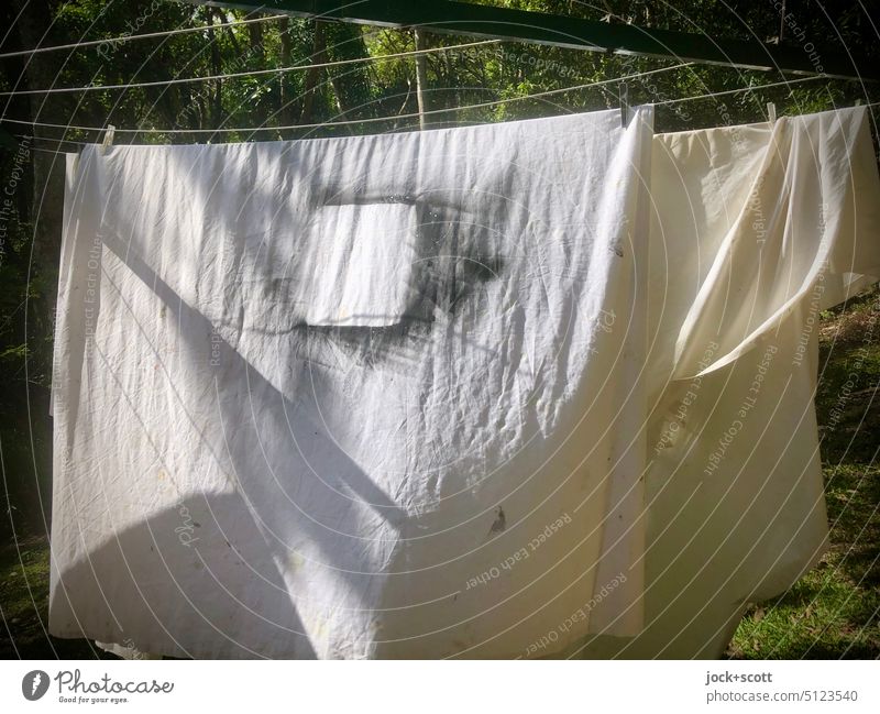 Washing day, traces of spray paint on bed sheets clothesline Spray Tracks Dry Laundry Hang Clean Sheet Housekeeping Photos of everyday life Fresh Sunlight