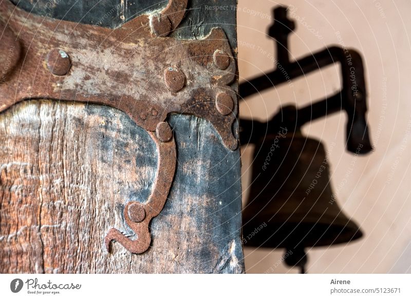 never send to know... Church bell Shadow Bell Church door Rust rusty door fitting religion chime Religion and faith Goal Wooden door Patina Old corroded nails
