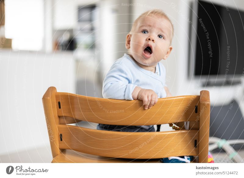Infant sitting in traditional Scandinavian designer wooden high chair in modern bright home. Cute baby. infant child happy cute kid childhood caucasian smiling