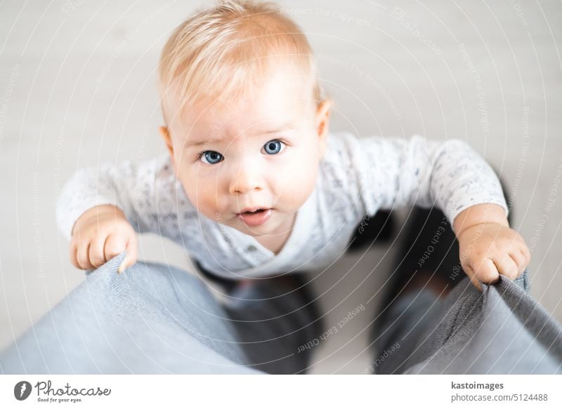 Top down view of cheerful baby boy infant taking first steps holding to father's sweatpants at home. Cute baby boy learning to walk little child happy dad small