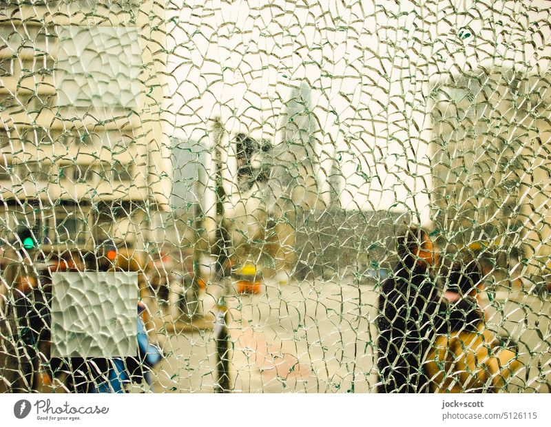unnecessary | glass breakage with view of the Memorial Church Couple Passers-by people broken glass Broken Safety glass Vandalism Damage Glass