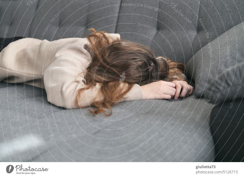 Burnout , young woman lies on couch completely exhausted, powerless, sleeping in broad daylight portrait Woman Youth (Young adults) Young woman Long-haired