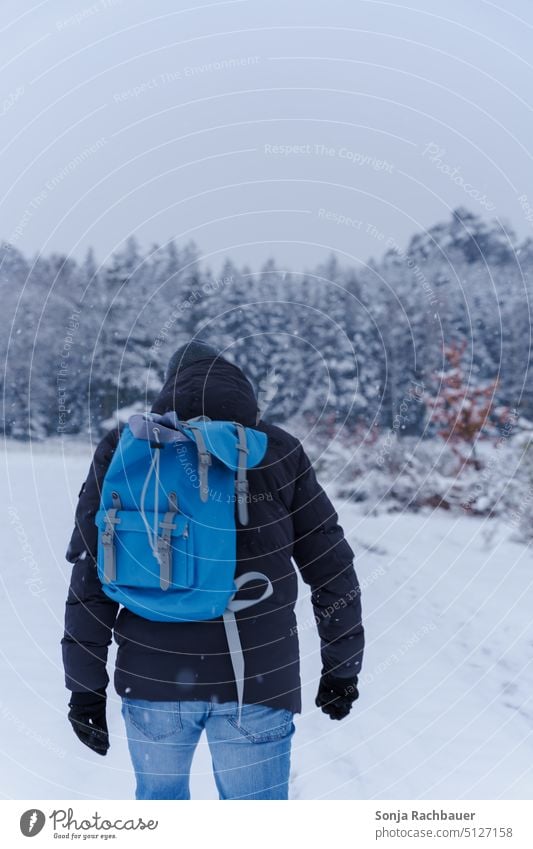 Back view of man with blue backpack in snowfall Man Rear view Backpack Snow Winter Cold Snowfall winter Winter mood snowflakes snow flurries Exterior shot