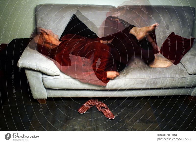 Restless night Night Woman sleepless Sofa Agitated slipper Shadow multiple exposure Light Dream Sleep