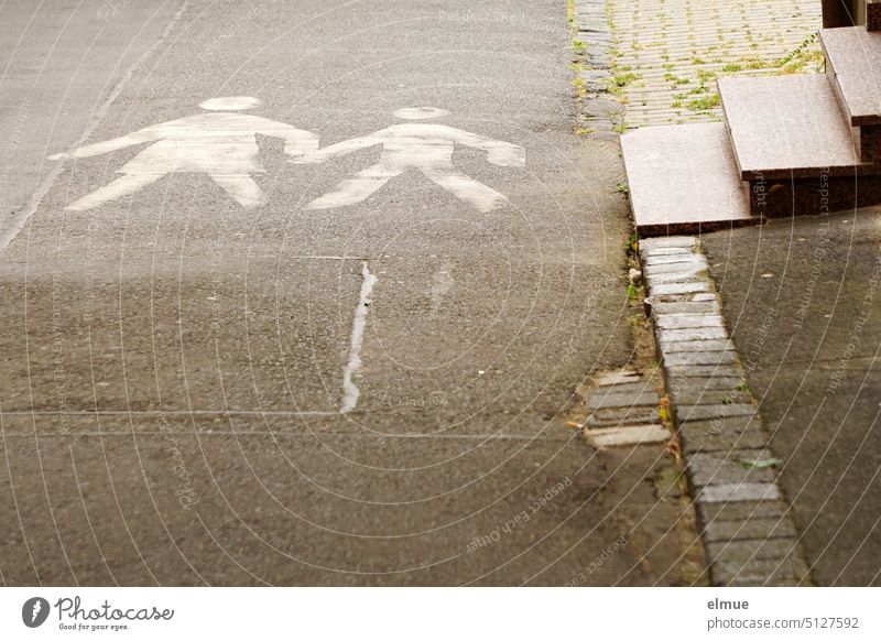 Pictogram of two pedestrians on the street in front of a house entrance with stairs / road marking Pedestrian Stairs Street off Way out StVO Lane markings Blog