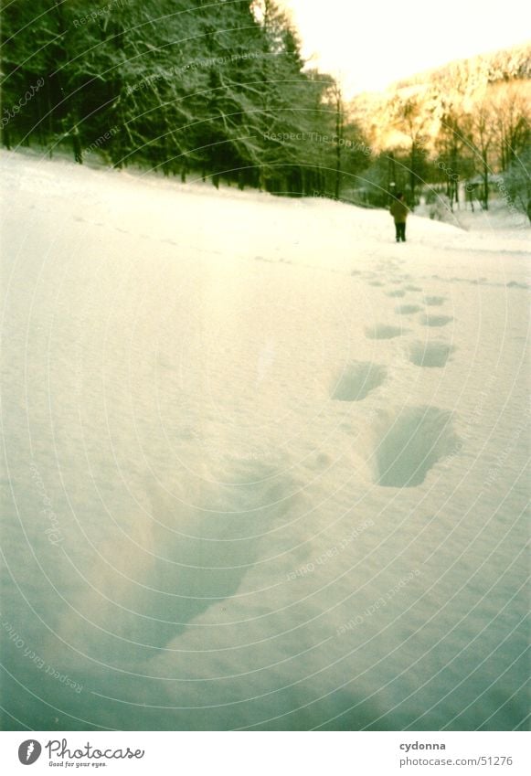 in deep snow Winter Cold Footprint White Forest Thuringia Loneliness Calm Hiking Impression Human being Snow Ice Tracks Sun Landscape To go for a walk
