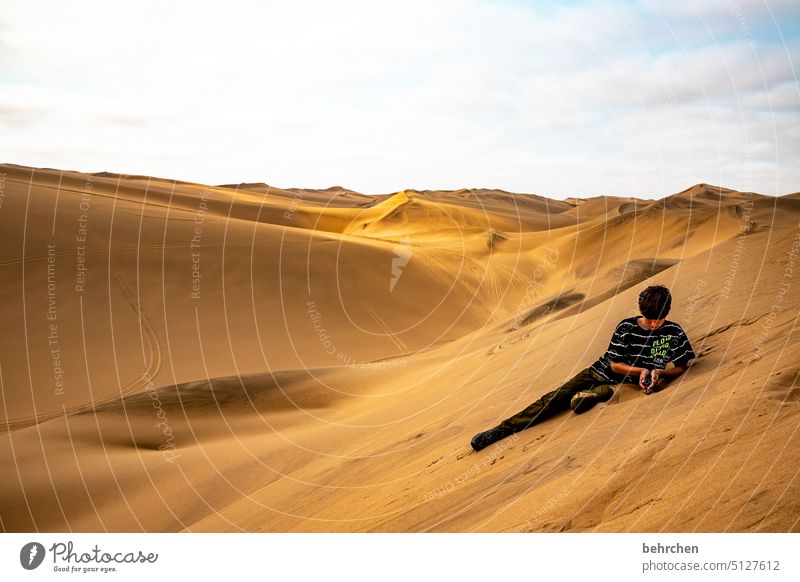 submerged Dream Marvel Infancy Son Boy (child) Far-off places wide Sand Desert Africa Namibia Wanderlust Longing travel Colour photo Landscape Loneliness