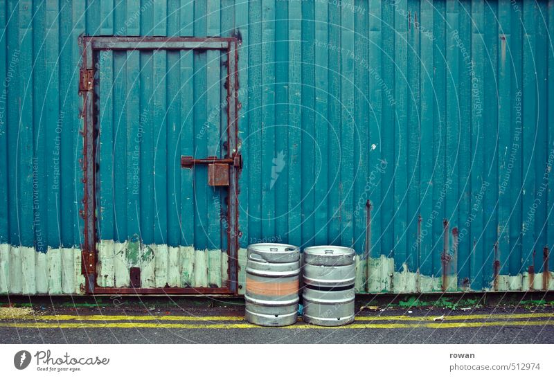 Closed Wall (barrier) Wall (building) Blue Safety Lock Container Tin Beer keg Old Rust Hiding place Storehouse Door Mysterious Keep Colour photo Exterior shot
