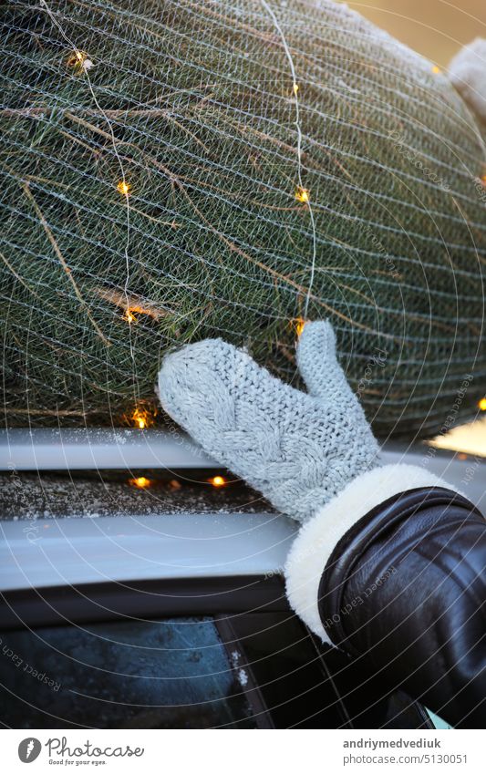 packing Christmas tree with net and garlands on a rooftop of her car, getting ready for a holidays. Idea of Christmas mood and celebration. Woman wearing winter coat and knitted mittens.