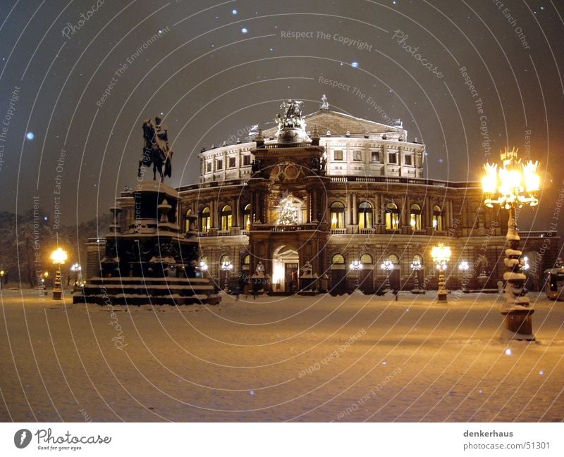 The lamppost Semper Opera Lantern Dresden Night Light Statue Horse Building House (Residential Structure) Places Historic Snow Romance Snowflake Winter Peaceful
