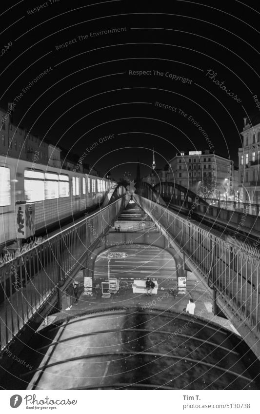 the subway in Berlin Underground bnw Black & white photo Prenzlauer Berg Downtown Town Capital city b/w Exterior shot Deserted Night Track Old town Architecture