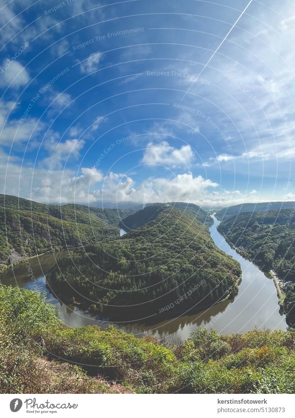 View of the Saar Loop River Water Nature Landscape Exterior shot River bank Sky Beautiful weather Reflection Deserted Colour photo Forest Clouds Blue Green