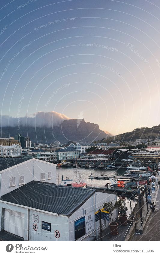 View of the Victoria & Alfred Waterfront and Table Mountain in Cape Town Table mountain Harbour South Africa Sky Evening Blue blue hour