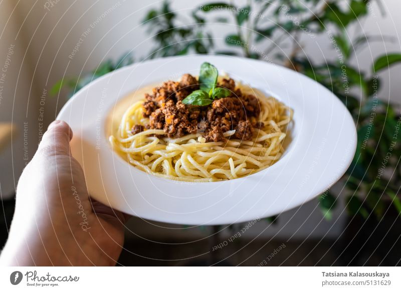 Plate with classic Italian pasta spaghetti bolognese in hand Bolognese Sauce Spaghetti Bolognese White Horizontal Homemade Front View Tomato Food
