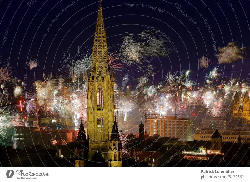 turn of the year New Year's Eve Firecracker Freiburg Town panorama Night shot missiles 2023 Tradition celebration Pyrotechnics Feasts & Celebrations Party