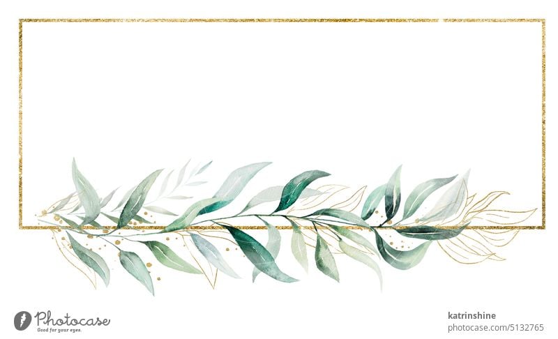 Rectangular golden frame made of green watercolor leaves, wedding illustration Birthday Botanical Decoration Drawing Element Foliage Garden Hand drawn Isolated