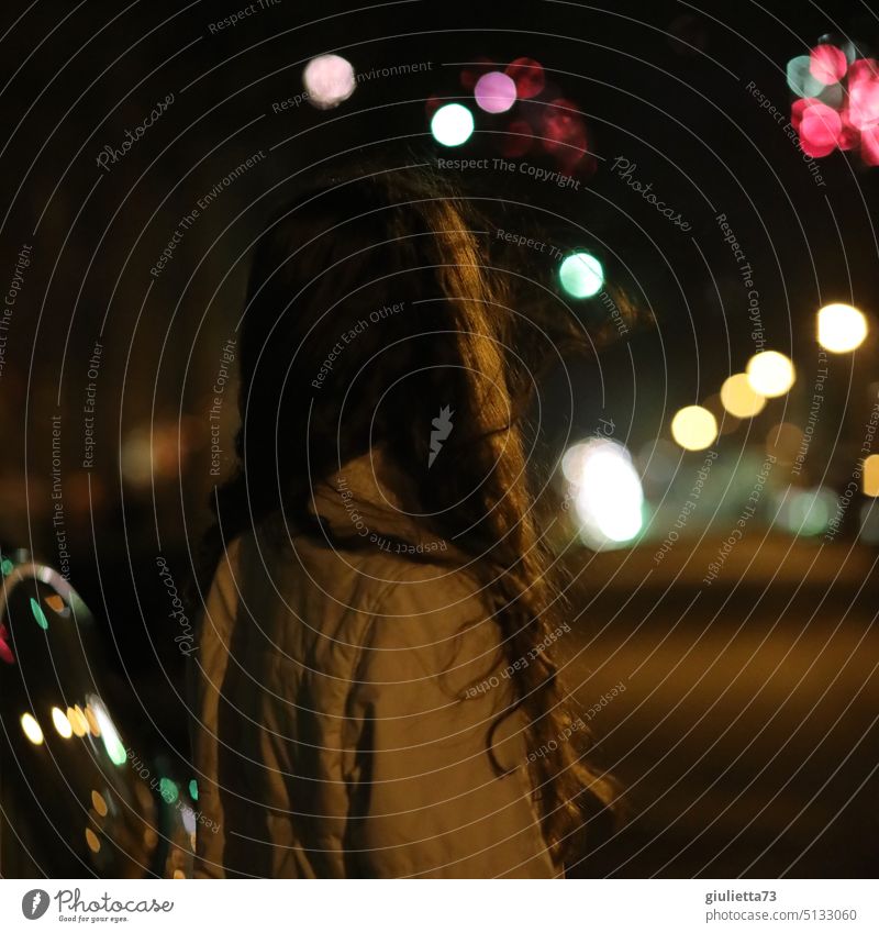 Back view of young long haired woman looking into night city lights portrait Night Woman Girl Young woman 13 - 18 years Youth (Young adults) Feminine