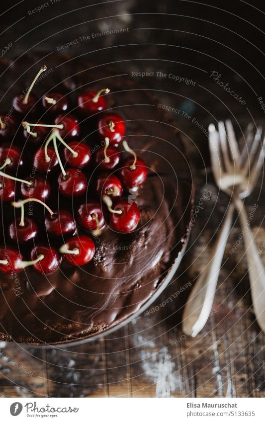 Cake with chocolate and cherries bake a cake Dessert Baking Baked goods cute Chocolate cake cherry pie Pastry fork Food photograph Food styling Delicious Candy