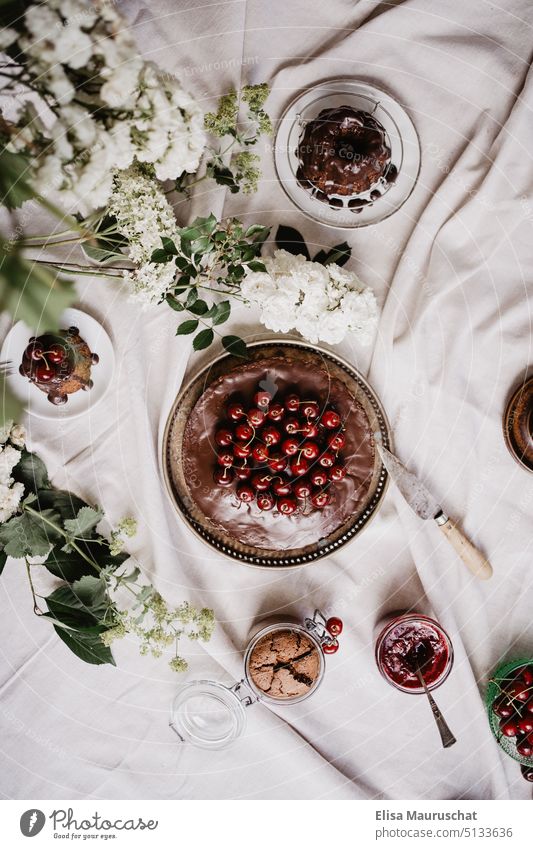 Chocolate cake with cherries Cake Pastry fork Dessert Baked goods Food photograph food dinner table cute Delicious Nutrition Sugar To have a coffee