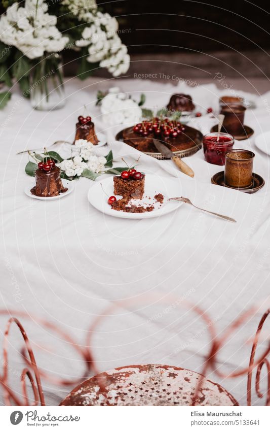 Cake with chocolate and cherries piece of cake Feasts & Celebrations Banquet Birthday celebrations Coffee table Dessert Food photograph Food styling Pastry fork