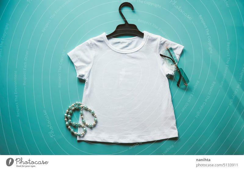 Classic mockup of a white shirt against color background t-shirt blank woman kid children size classic clean fashion accessories clothes clothing surface