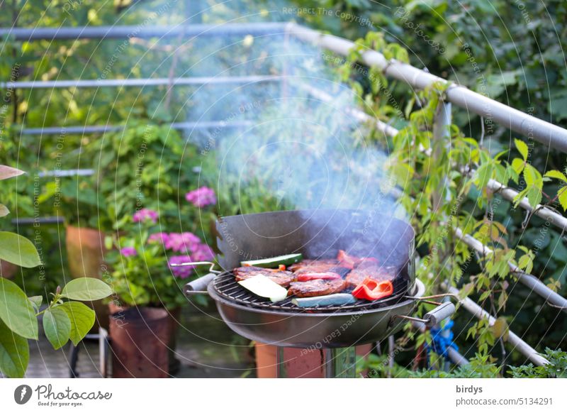 smoking grill with meat and vegetables on planted balcony Barbecue (apparatus) BBQ charcoal grill Meat Vegetable BBQ season Nutrition Balcony plants Summer