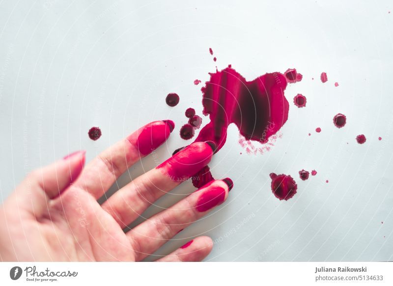 Hand with pink color Acrylic paint Watercolor Art Painting (action, artwork) Adults sour Feminine blotch Colour Blood Woman Detail Red Skin Human being Fingers