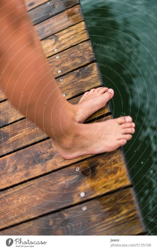 close to nature | with the water Stand Lake Feet Barefoot Toes Wet Swimming & Bathing feet Legs Human being Water Summer wooden walkway Footbridge Body