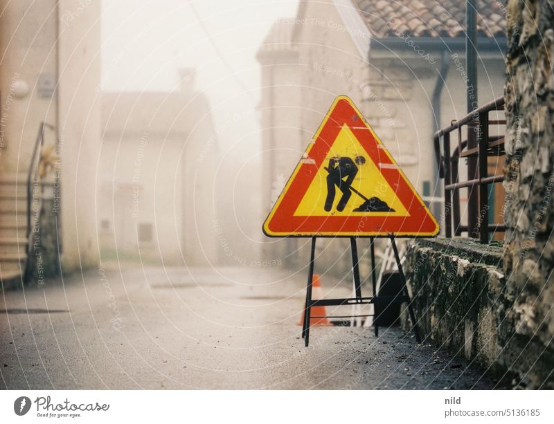 Under construction - Attention construction site! Construction site sign Warn Warning sign Signage Signs and labeling Safety peril esteem Caution Exterior shot