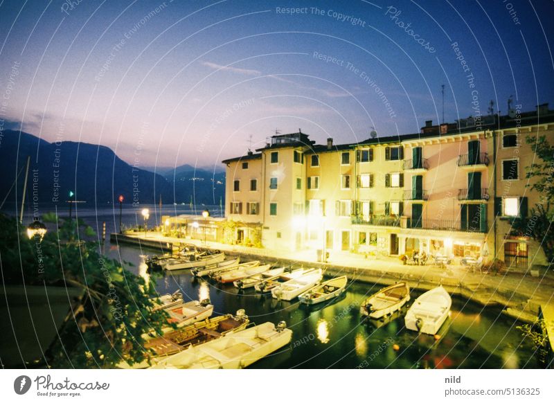 Evening atmosphere on Lake Garda Italy northern italy Vacation & Travel Summer Relaxation vacation Colour photo evening mood Twilight blue hour Harbour
