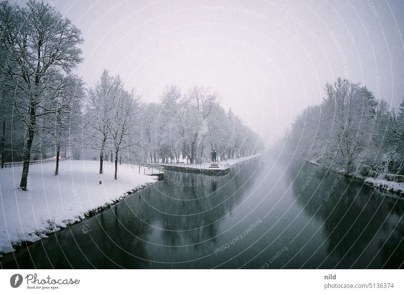 Snowy Isar Canal near Munich in winter Snowfall Winter Weather Landscape Exterior shot Nature grey in grey Climate local recreation area Deserted Snowscape